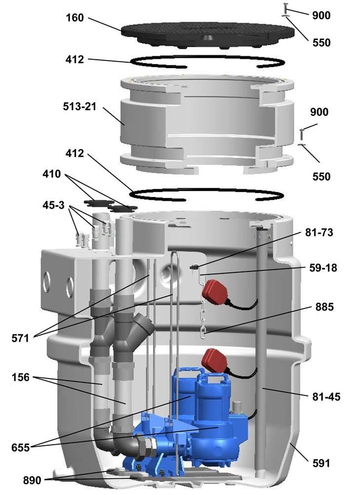 vertikální výstup výtlačného potrubí Rozložené zobrazení vertikálního výstupu výtlačného potrubí 156 Výtlačné hrdlo 591 Nádrž 160 Víko 655 Čerpadlo 410 Profilové těsnění 72-1 Přírubové koleno 412