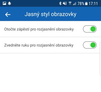 e) Jasný styl obrazovky V této sekci si můžete buď zapnout, nebo vypnout nastavení Rozjasnění displeje.