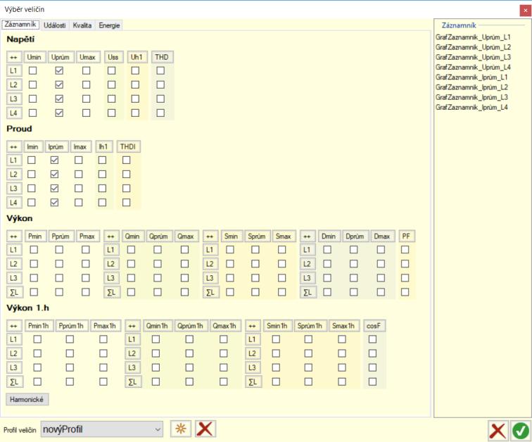 2.2.6.2 Výběr veličin Obrázek 2-8 Výběr veličin Volba výběru veličin je umístěna do záložek, jejichž název koresponduje s dynamickým menu.