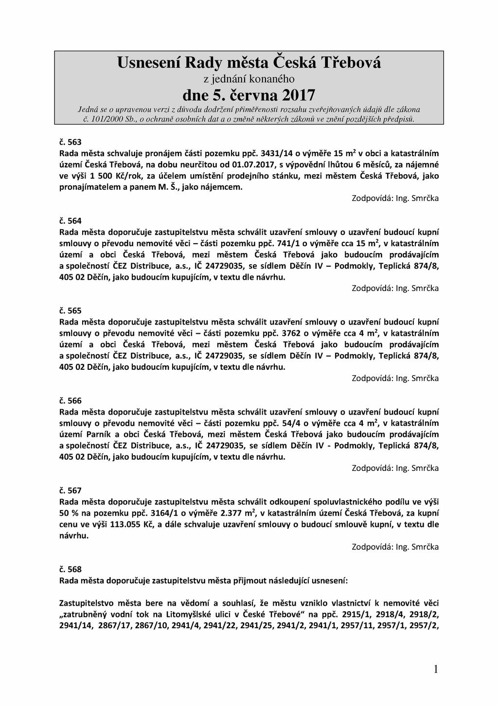 č. 563 Rada města schvaluje pronájem části pozemku ppč. 3431/14 o výměře 15 m2 v obci a katastrálním území Česká Třebová, na dobu neurčitou od 01.07.