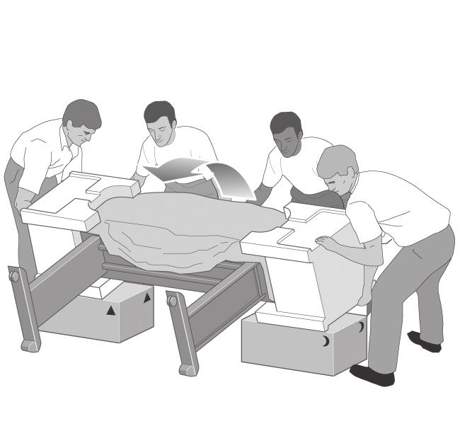 Using four people and the hand holds on the rear of the printer body, carefully lift the printer into an upright position.