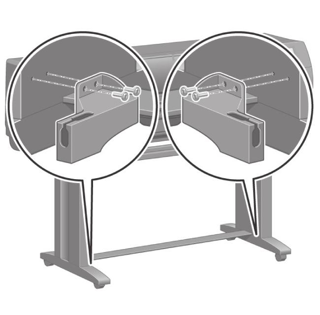 Megjegyzés: A tartóelemek L (bal) és R (jobb) jelöléssel vannak ellátva. Use four screws to attach the brackets to the lower part of the printer legs. (Each bracket requires two screws.