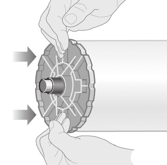 Milin sol ucundan mavi renkli durdurucuyu (1) çıkarın. Mili yatay durumda tutun. Slide a roll of paper onto the spindle. Make sure the paper is oriented exactly as shown.