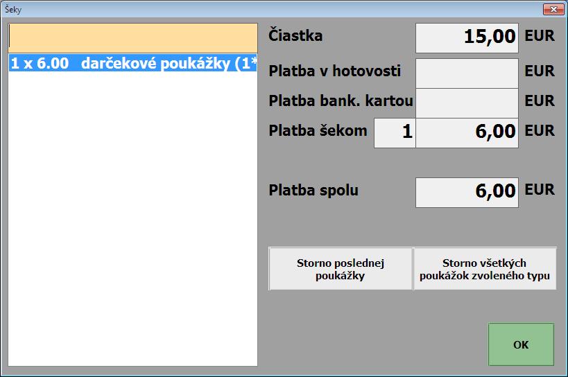 Uplatnenie poukážok Darčekové poukážky viete uplatniť pri platbe. Po ukončení dokladu a zobrazení okna pre zadanie platidiel, stlačte tlačidlo EAN pred políčkom platba šekom.