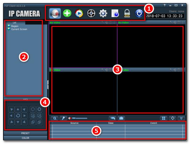 5. Hlavní obrazovka a ovládání programu Tato část obsahuje stručné pokyny pro připojení kamery.