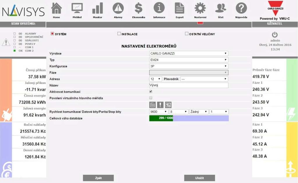 Tabulka nastavení parametrů pro elektroměr