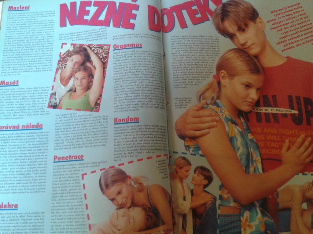 Něžné doteky (Dívka 10/1997, s. 40-41) Obr. č. 9: Něžné doteky (Dívka 10/1997) Druhou rovinu redakčních příspěvků vztahujících se k opačnému pohlaví jsou samotné návody či popisování pohlavního styku.