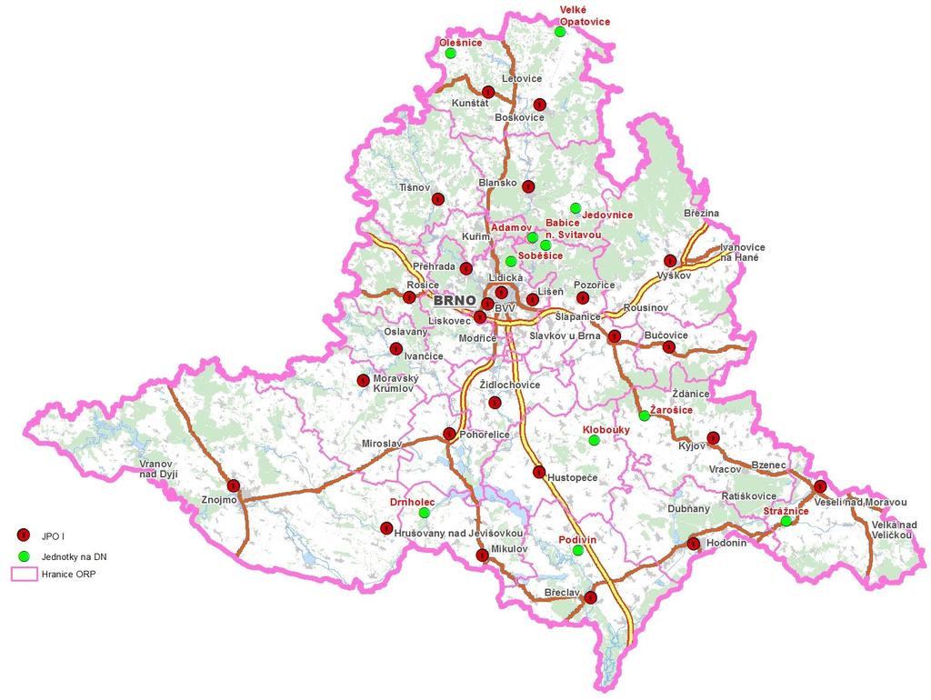 Příloha 2: Mapa Jihomoravského kraje s vyznačenými jednotkami