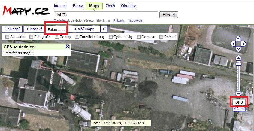 1) V internetovém prohlížeči se spustí stránky např. http://www.mapy.cz/. 2) Do vyhledávacího okna se zadá adresa provozovny. 3) Kliknutím myši se přejde na zobrazení Fotomapa.