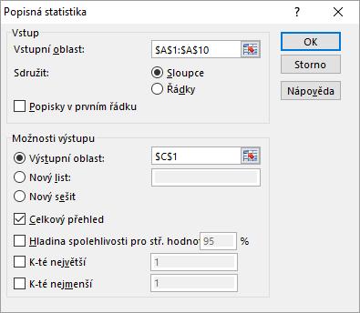 hodnot, tj. funkce má tvar =TRMMEAN(A1:A10;20%). Jiné funkce pro robustní charakteristiky program nemá.