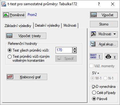 Obr. Zadávací okno nástroje t-test, samost. vzorek programu Statistika.