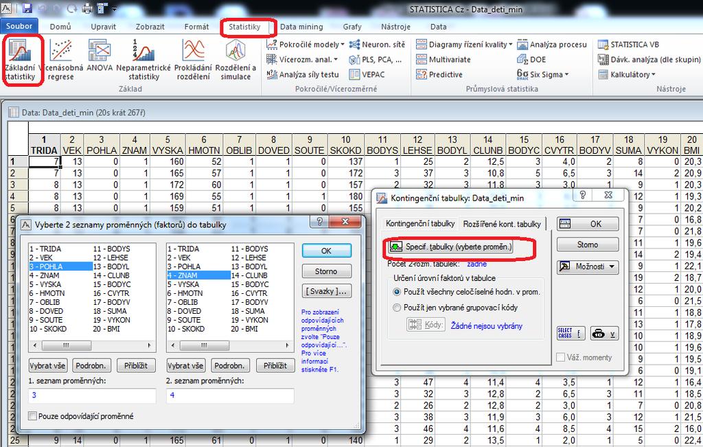 Nakonec ukažme vytvoření kontingenční tabulky v SW Statistica. SW Statistica: Vytvoření kontingenční tabulky je v SW Statistica velmi jednoduché.