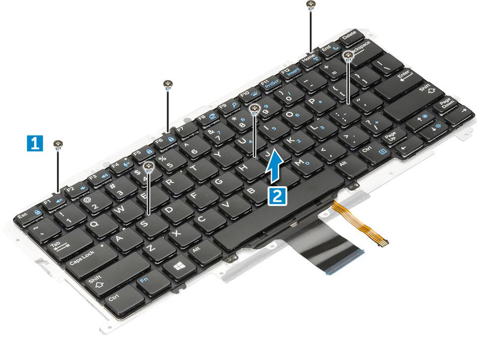 Instalace klávesnice do přihrádky klávesnice 1 Zarovnejte klávesnici s otvory pro šrouby na přihrádce klávesnice. 2 Utáhněte šrouby M2,0 x 2,0, které klávesnici připevňují k přihrádce klávesnice.
