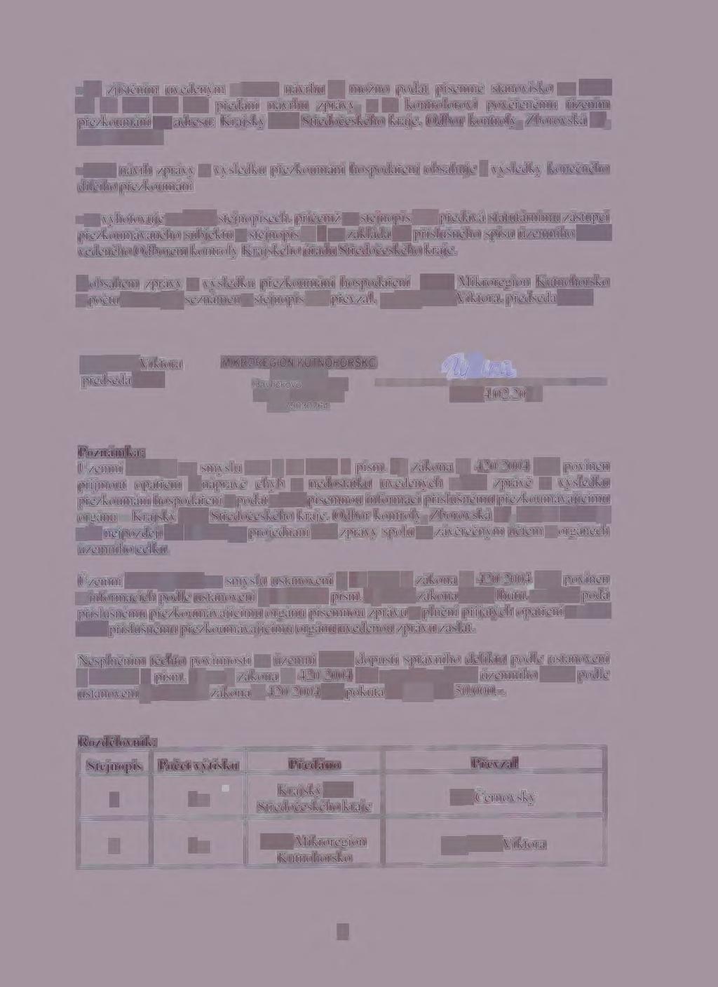 - ke zjištěním uvedeným v tomto návrhu je možno podat písemné stanovisko ve lhůtě do 15 dnů ode dne předání návrhu zprávy, a to kontrolorovi pověřenému řízením přezkoumání na adresu: Krajský úřad