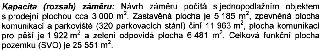 stání v souètu pro celou stavbu. Charakter zámìru: Jde o novostavbu hypermarketu s nabídkou potravináøského zboží a vybraného sortimentu spotøebního zboží.