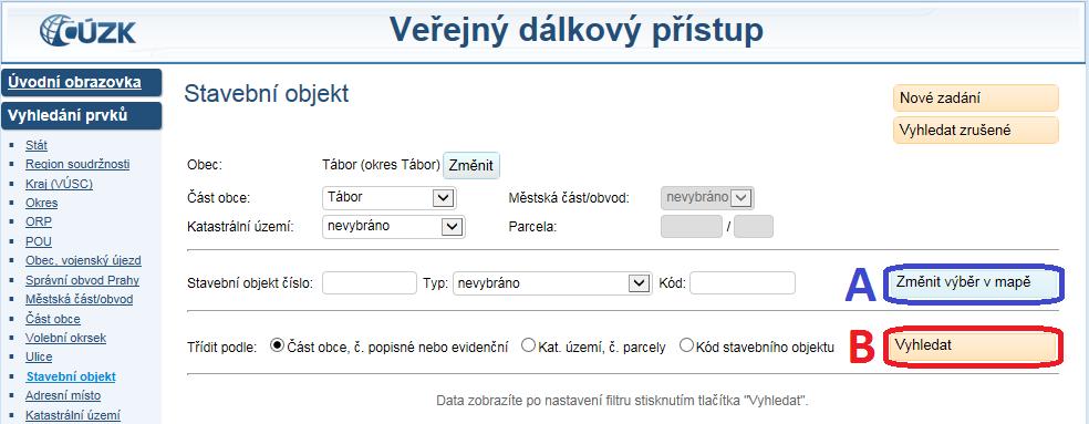 Pro zobrazení prvků vyhledaných prostřednictvím plošného výběru klikněte na tlačítko Vyhledat (B). Obr.