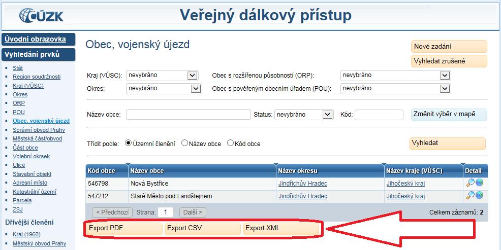3.4 Export seznamů v PDF, CSV a XML Prostřednictvím tlačítek pod výpisem prvků lze exportovat vyhledané prvky do sestavy ve zvoleném formátu: Export PDF Export CSV Export XML.