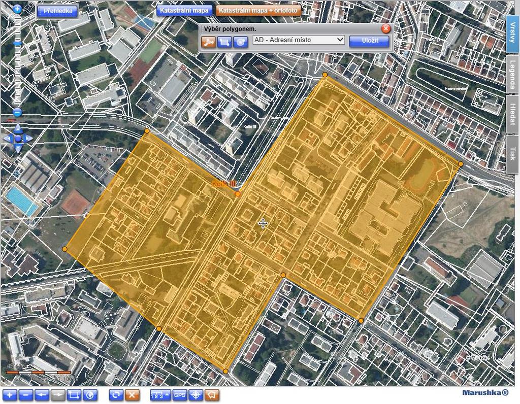 Otevře se mapový klient Marushka s aktivovanou funkcí Výběr polygonem nad zvolenou částí obce Kolín III.