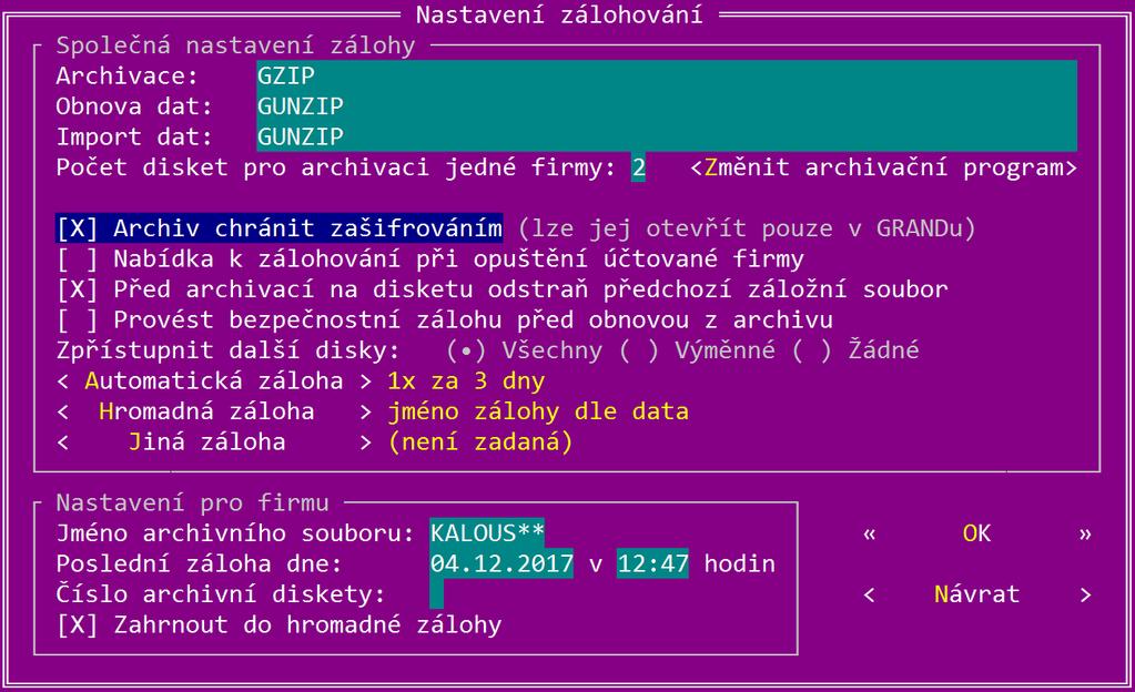 1.9 Záloha dat chráněná zašifrováním GRAND umožňuje zálohovat data v šifrované podobě ve vlastním formátu pomocí šifry AES256, která je v současnosti považovaná za