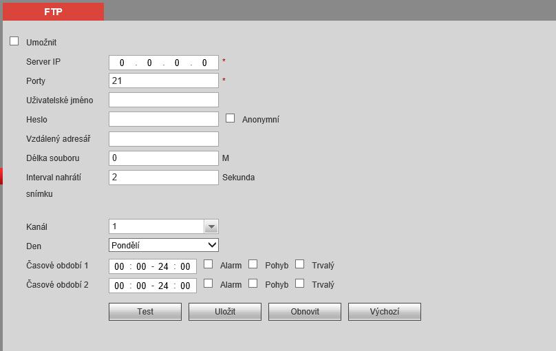 j. FTP Ftp slouží k připojení k ftp serveru. Na tento server poté můžeme ukládat záznam a snímky podle nastavení. Pro každý kanál jsou k dispozici dvě časová období a různé typy posílaného záznamu.