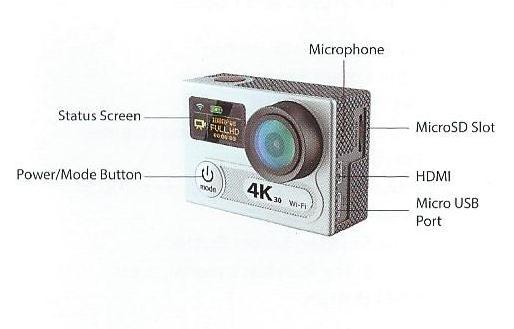 Popis kamery Microphone-mikrofón Status screen- displej s přehledem aktivovaných funkcí Power/Mode button-tlačítko pro
