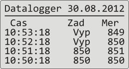 V menu Obsluzna/Datalogger vyberte položku Zobrazeni dat >, potvrďte. Otevře se menu s měřenými daty: V horní části je zobrazen datum měření (platné pro 1.