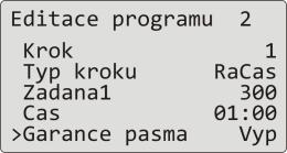 Program Zápis programu do regulátoru Regulátor je v základním stavu (numerická nebo grafická obrazovka). Stiskněte na 3vteřiny klávesu ENTER ( ), dokud se neobjeví obrazovka Editace programu.