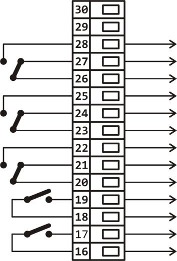 Elektrické zapojení 3. výstup, alarmový, 4. až 7. výstup pomocný 3. výstup, relé, přepínací kontakt, 230Vstř/5A nebo 30Vss/5A 4. výstup, relé, přepínací kontakt, 230Vstř/5A nebo 30Vss/5A 5.