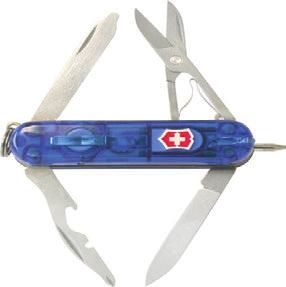 Nože 62055 t Originální švýcarský výrobek. Kapesní nůž 62055 101 Manager 10-dílný, modře-safírové barvy, s kuličkovým perem a svítidlem (červeným). Malá čepel, šroubovák (3 mm), otvírák kapsl.