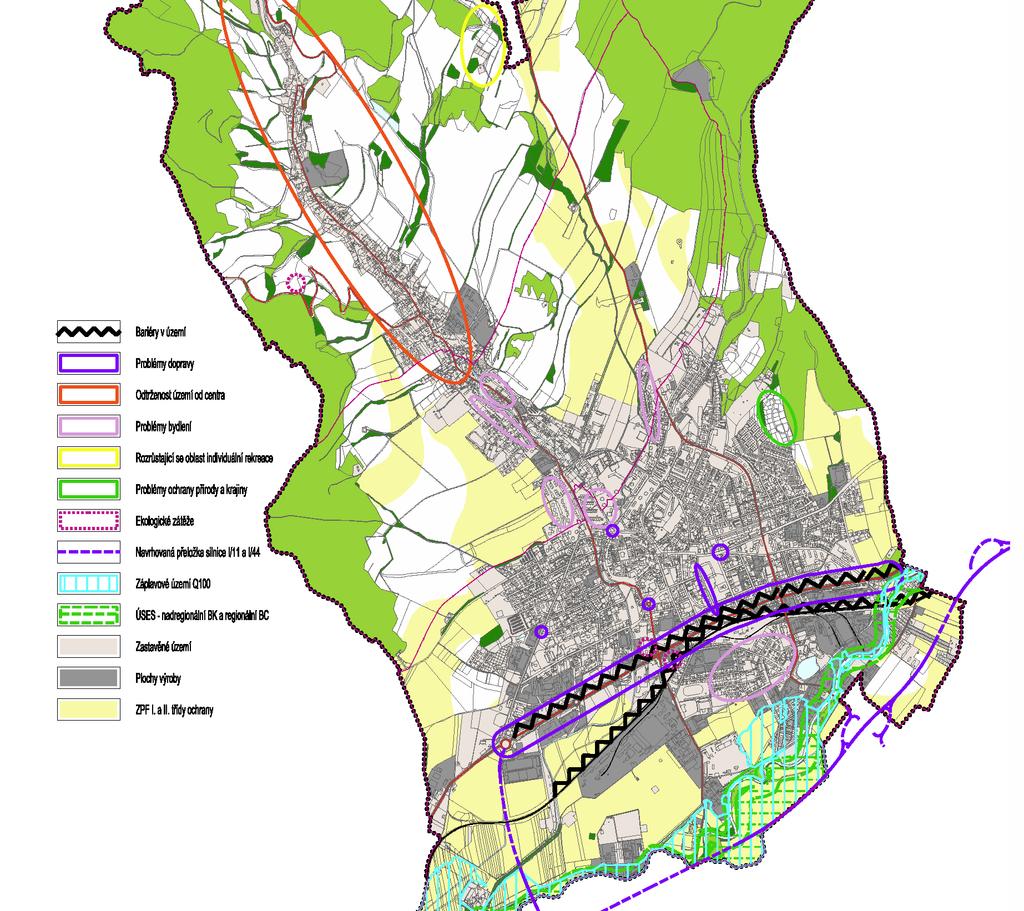 PROBLÉMY PROBLÉMOVÁ MAPA BARIÉRY V ÚZEMÍ PROBLÉMY DOPRAVY ODTRŽENOST ÚZEMÍ OD CENTRA PROBLÉMY BYDLENÍ - PARKOVÁNÍ CHATOVÁ OBLAST PROBLÉMY OCHRANY KRAJINY