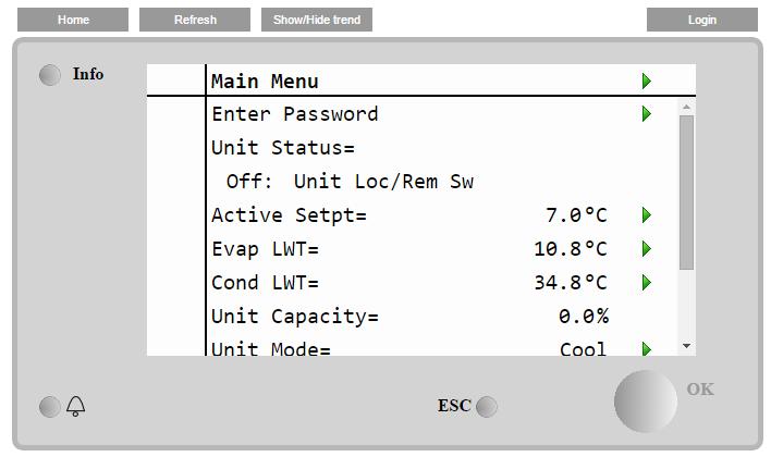 EWHQ100G EWHQ400G - R410a - Chladiče s tepelným čerpadlem Zobrazí se následující stránka: Stránka je kopií HMI a má stejná pravidla co do úrovní a konstrukce přístupu.