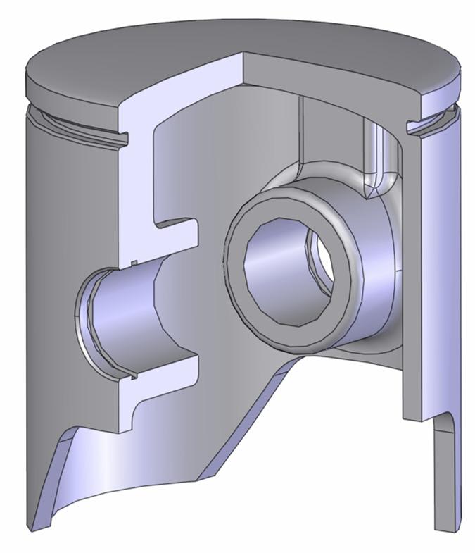 Obr. 14 Řez virtuálním 3D modelem pístu Hmotnost pístu m pístu = 0, 0664 [ kg ] ( 4.3 ) 4.2.3 Pístní čep Pístní čep zabezpečuje přenos silových účinků mezi pístem a ojnicí.