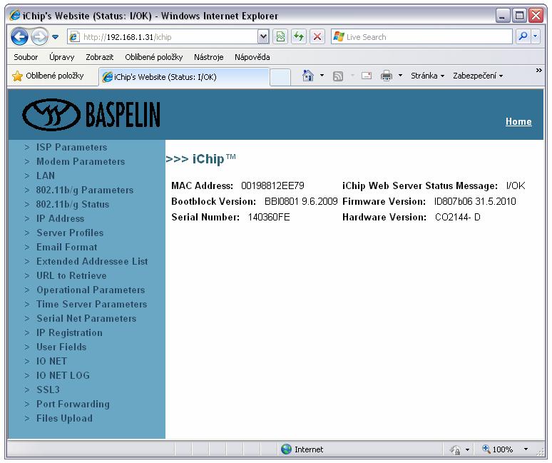Otevře se konfigurační stránka modulu LAN nebo WiFi: V menu na levé