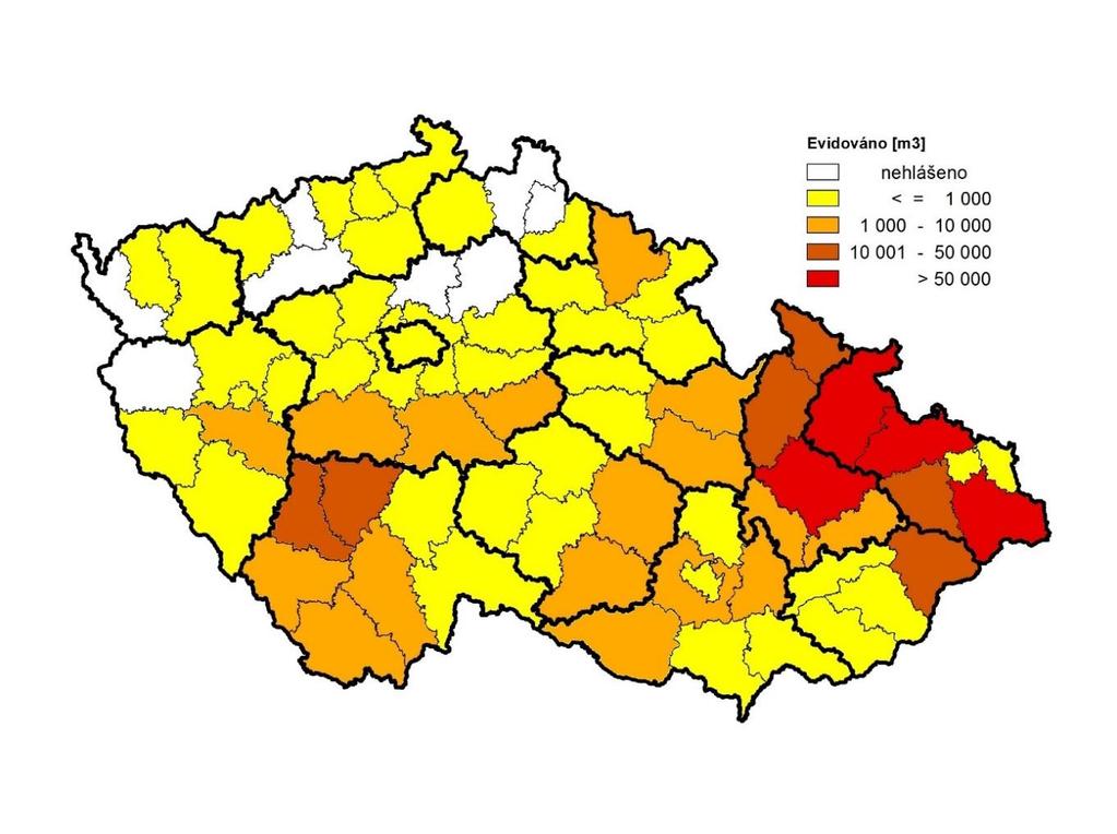 Mapa 3.6.2.2.3 Evidovaný výskyt václavkového dříví (v tis. m³) Pramen: VÚLHM 3.6.2.3 Antropogenní činitelé Negativní působení lidské činnosti na lesní ekosystémy je závažným problémem v celé Evropě.