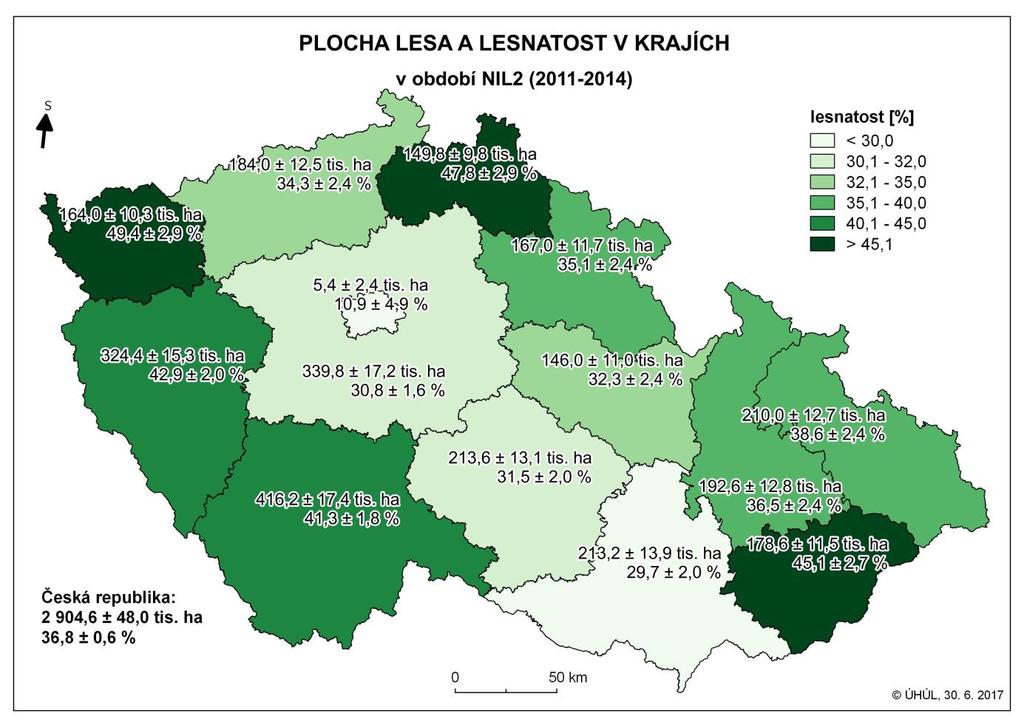 Obrázek 4.6.1.1.1 Plocha lesa a lesnatost v členění podle krajů (v %) Pramen: ÚHÚL Nejvyšší lesnatost byla zjištěna v Karlovarském kraji (49,4 %).