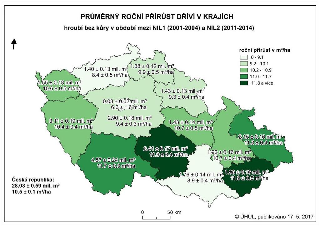 4.6.4 Přírůst dříví 4.6.4.1 Přírůst dříví mezi NIL1 a NIL2 Oproti odhadům přírůstu uvedeným ve Zprávě o stavu lesa a lesního hospodářství ČR za rok 2015 zahrnují prezentované odhady do přírůstu nově