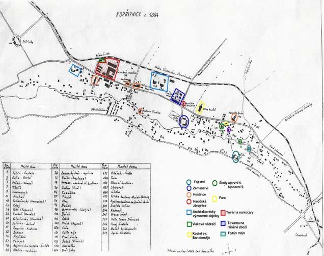 Mapa č.8 : Kopřivnice na mapě z roku 1894 vytvořena Emilem Hanzelkou. Počítačové, barevné a grafické úpravy David Fischer, v r. 2007.