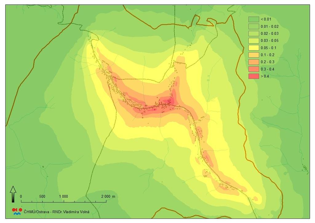 Rozptylová studie pro obec Heřmanovice str. 21 z 41 Obr. 10 B(aP), průměrné roční koncentrace v ng.