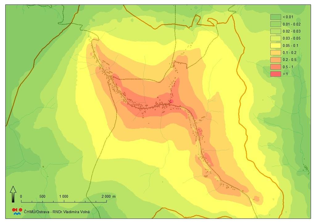 Rozptylová studie pro obec Heřmanovice str. 26 z 41 Obr. 19 B(a)P, průměrné roční koncentrace v ng.