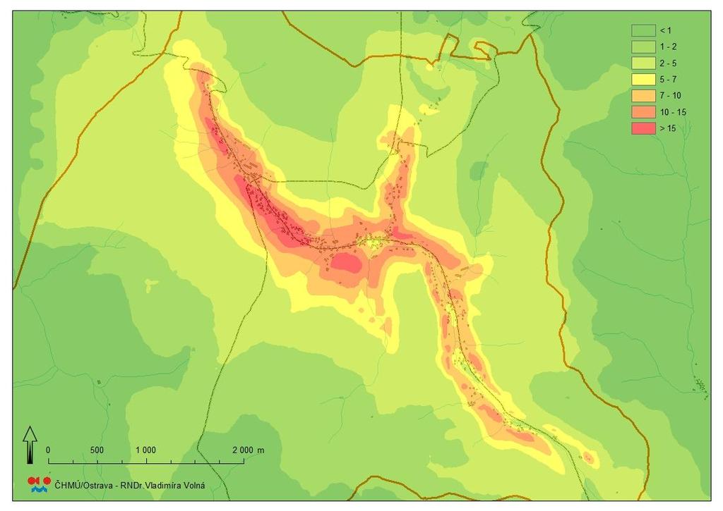 Rozptylová studie pro obec Heřmanovice str. 30 z 41 Obr. 26 SO 2, průměrné roční koncentrace v µg.