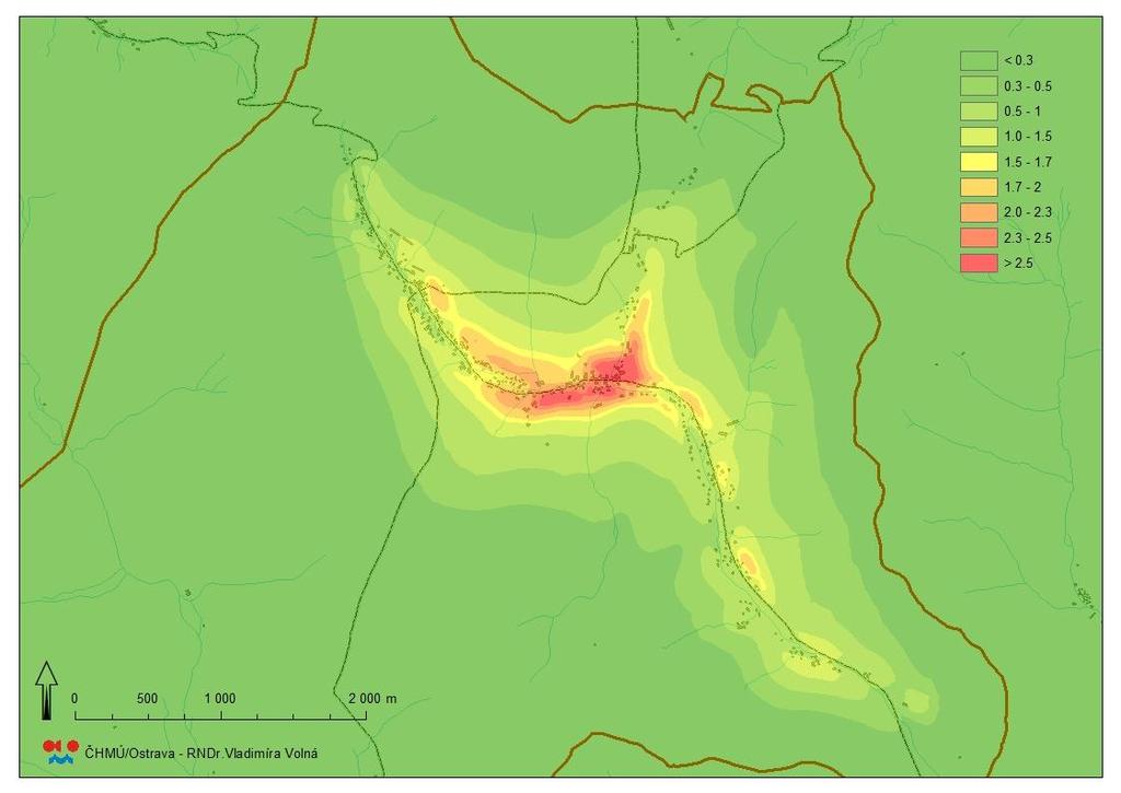 Rozptylová studie pro obec Heřmanovice str. 35 z 41 Obr. 35 SO 2, průměrné roční koncentrace v µg.