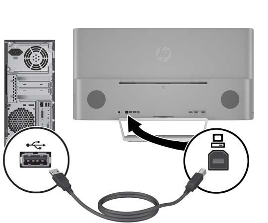 3. Kabel USB pro odchozí připojení zapojte do konektoru USB pro odchozí připojení na zadní straně monitoru a druhý konec do konektoru USB pro příchozí připojení na
