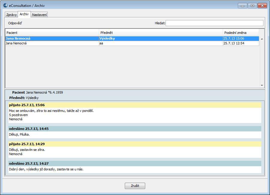 Na záložce /Archiv/ se nachází seznam dokončených konverzací.