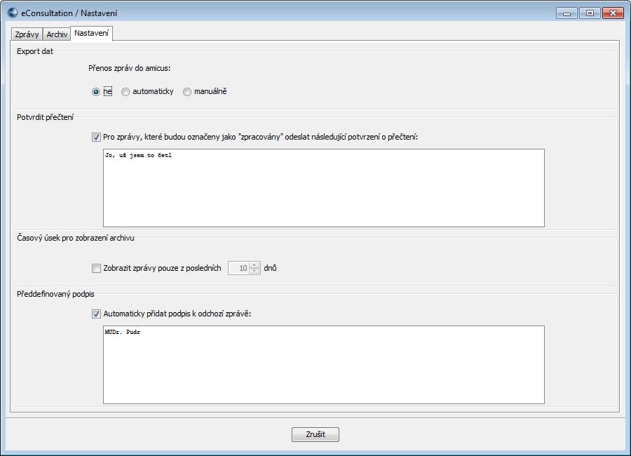 Na záložce /Nastavení/ je možné zvolit způsob přepisu do karty pacienta, zapnout automatické odpovědi na zpracované zprávy, automatický přesun do archivu po uplynutí nastaveného počtu dní a také