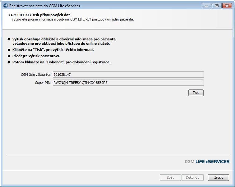 Proběhne registrace pacienta a zobrazí se přístupová data pro aktivaci jeho účtu.