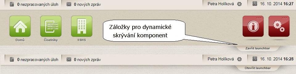 3. Funkce uživatelského skrývání komponent Celá horní část pracovní plochy včetně ikonek menu může být elegantně skryta kliknutím myši na záložku Zavřít launchbar, čímž se ještě zvětší využitelná