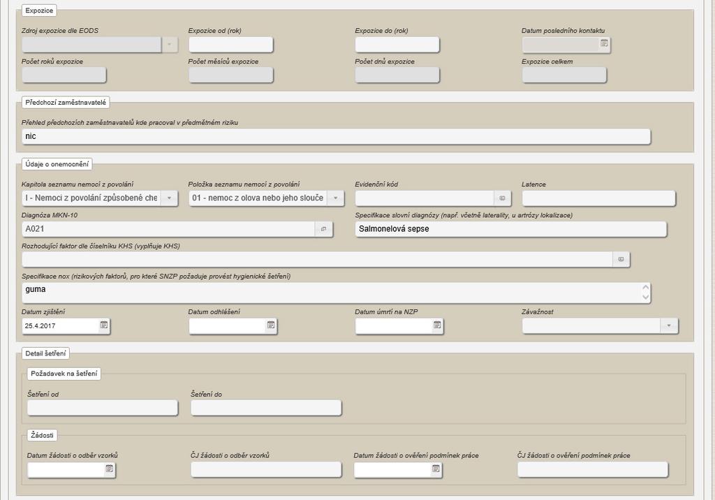 Obrázek 51 Expozice, předchozí zaměstnavatelé, údaje o onemocnění,