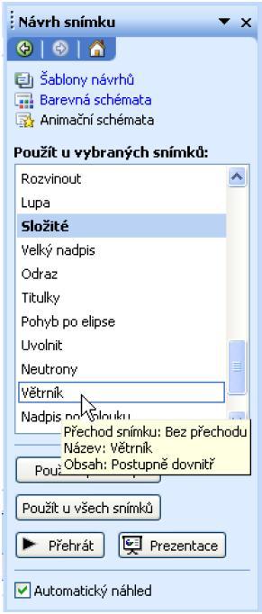 Poznámky Postup pri aplikácií zvolenej animačnej schémy 1. Otvorenú prezentáciu, ktorú chceme animovať, prepneme do Normálneho zobrazenia. 2.