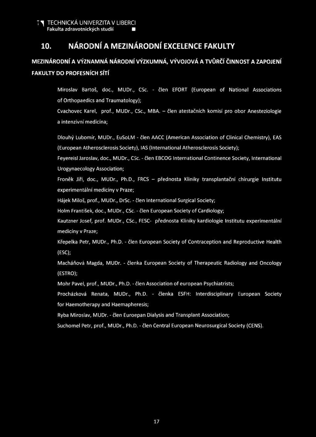 - člen EFORT (European of National Associations of Orthopaedics and Traumatology); Cvachovec Karel, prof., MUDr., CSc., MBA.