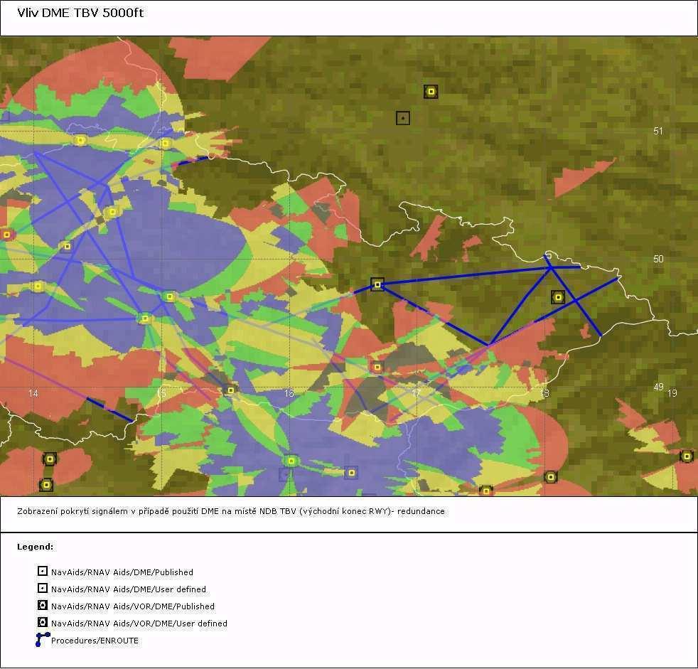 Výsledky analýz navigační výkonnosti pro nové DME umístěné na místě současného NDB TBV- varianta východní konec RWY: Obr.